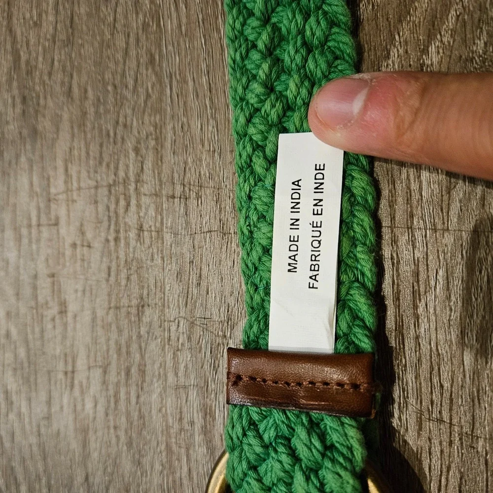Polo Ralph Lauren Mens Green Braided Cotton Belt Leather Trim D Ring Pony